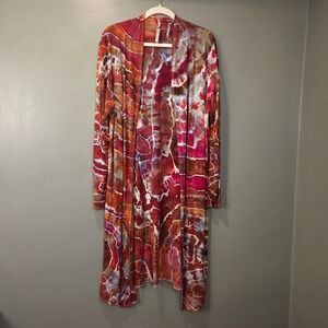 Isaac Liev Women's Tie Dye Open Front Maxi‎ Cardigan Red Long Sleeve Jersey Knit